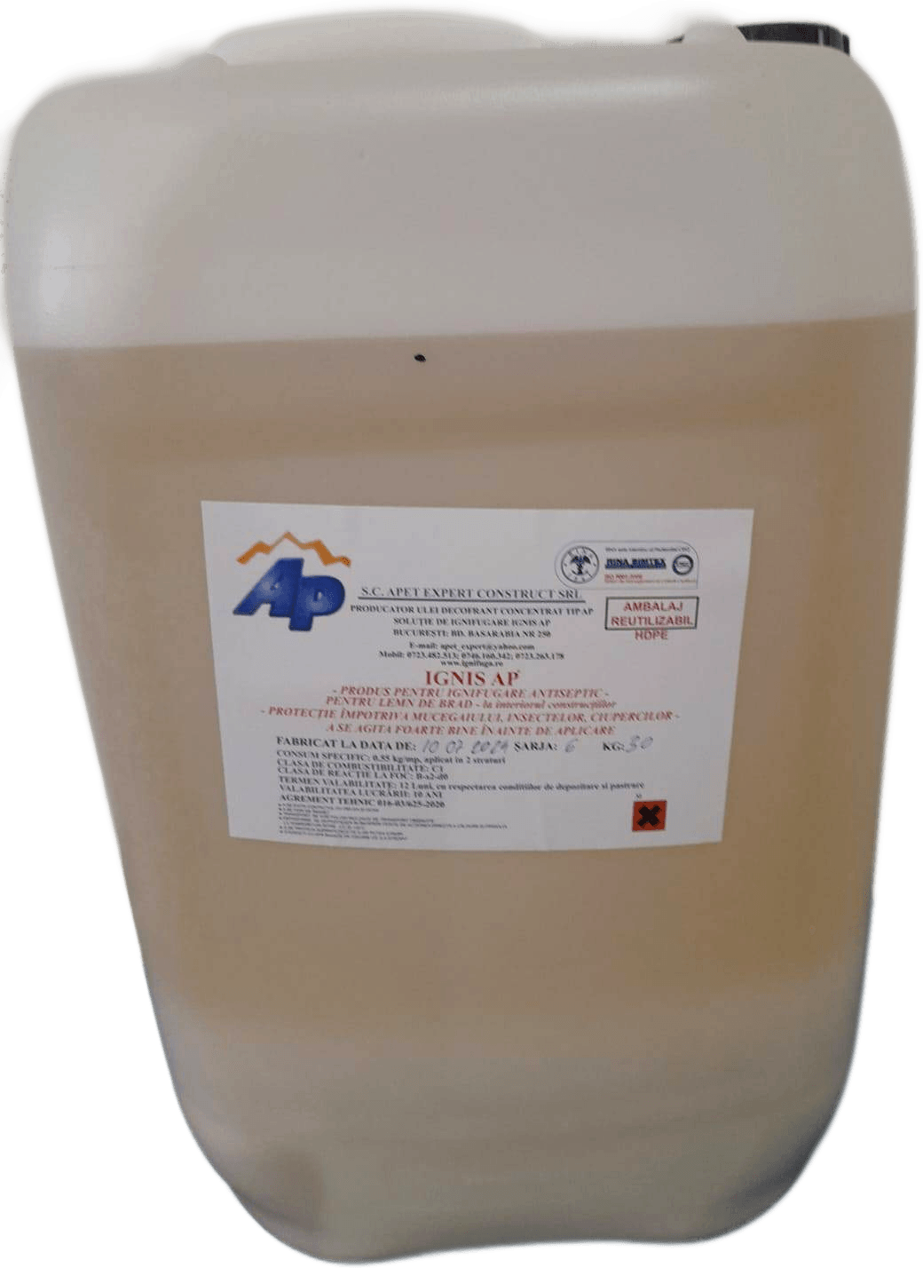 Bidon de 30 de kilograme cu soluția ignifugă IGNIS AP, de culoare crem