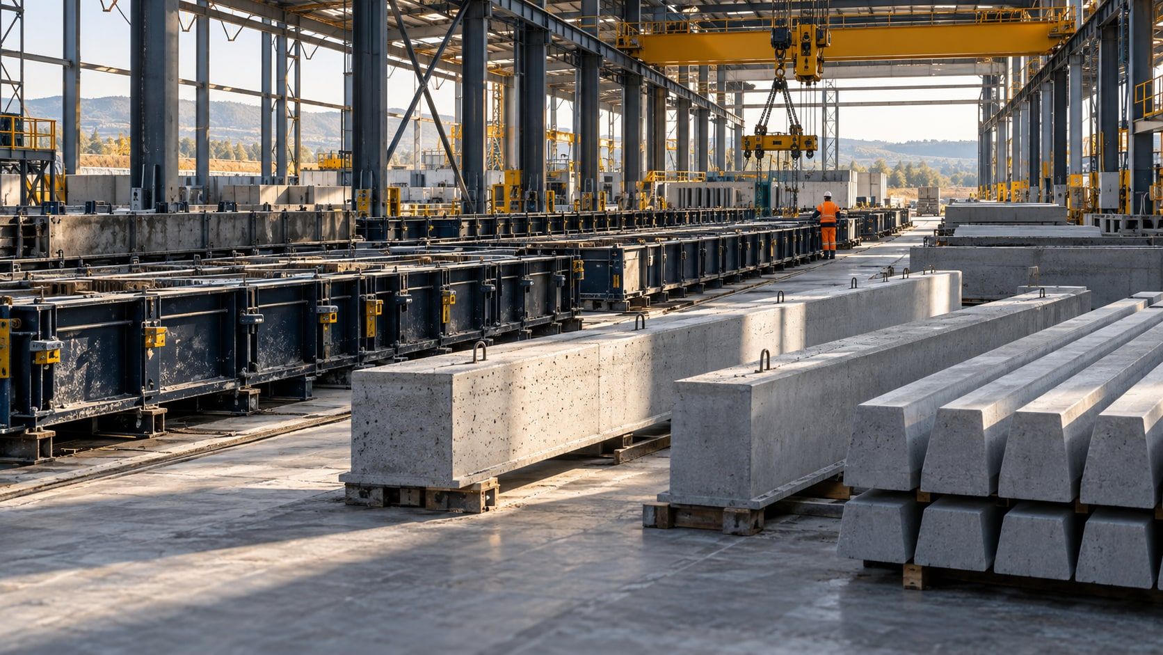 Imagine ilustrativă: tipare metalice și elemente prefabricate într-o hală industrială